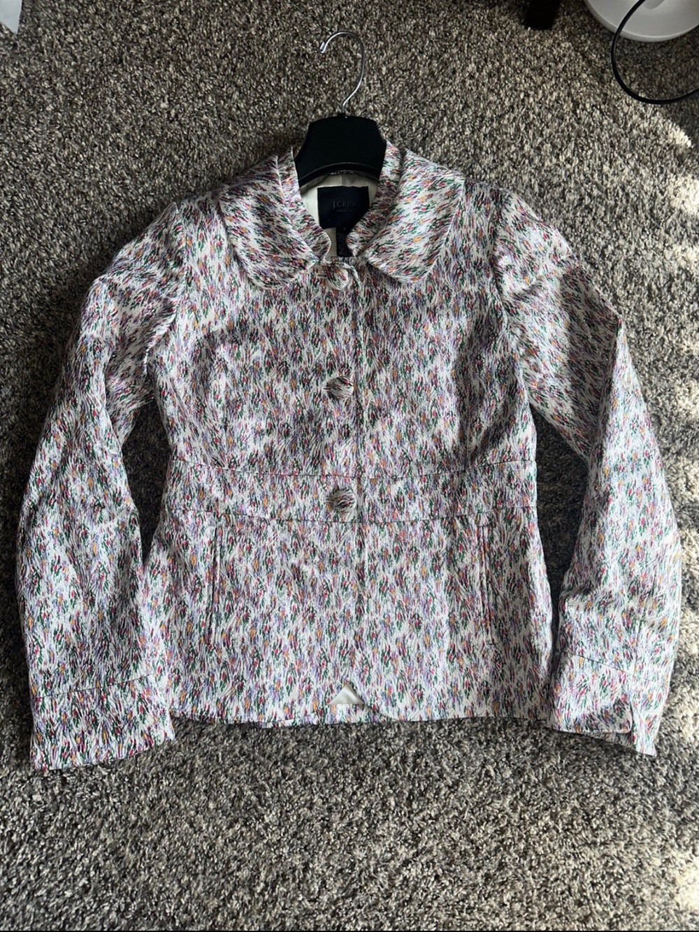 J Crew Vintage Silk White Colorful Silk Metallic Jacquard Coat Blazer Size 2